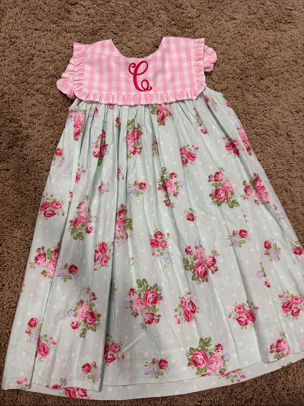 Girls Pink Gingham & Floral Cotton Dress with Monogram
